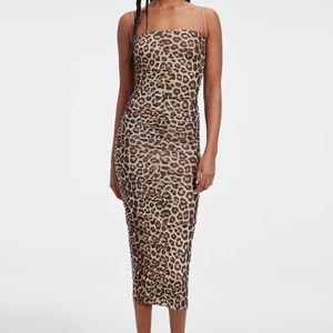 Good American Ruched Mesh Midi Dress in Good Leopard